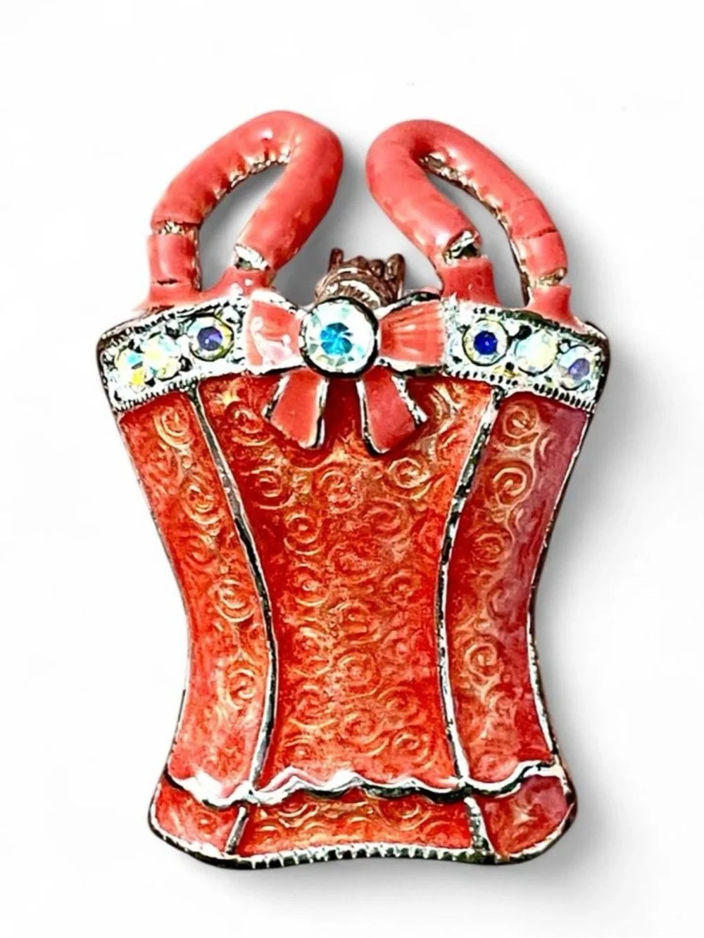 Tanya Creations Vintage Red Enamel Corset Brooch AB Rhinestones Pin Up Burlesque